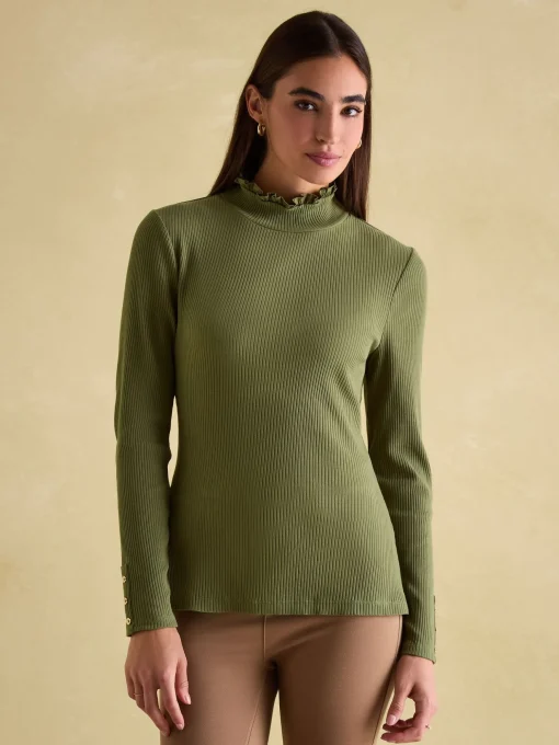 Amy Green Ribbed Long Sleeve High Neck Jersey Top
