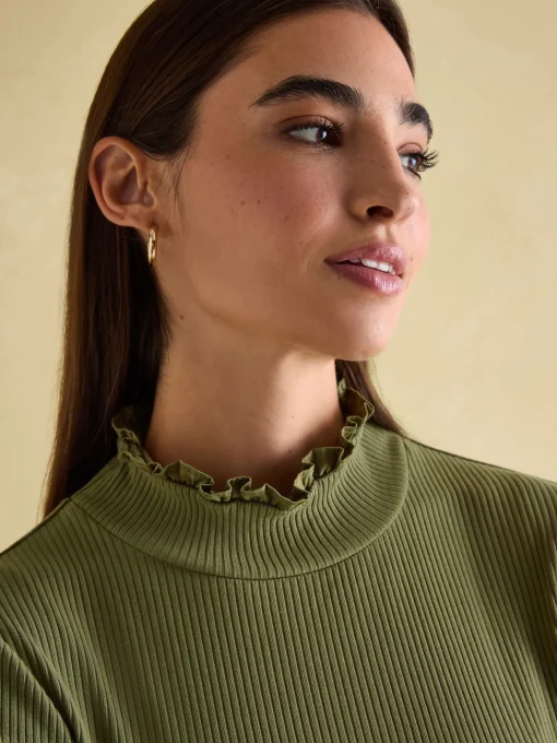 Amy Green Ribbed Long Sleeve High Neck Jersey Top