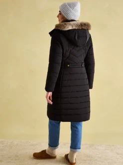 Cherington Black Showerproof Longline Padded Coat with Faux Fur Hood