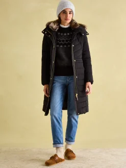 Cherington Black Showerproof Longline Padded Coat with Faux Fur Hood