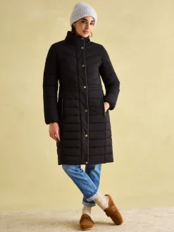 Cherington Black Showerproof Longline Padded Coat with Faux Fur Hood