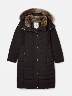Cherington Black Showerproof Longline Padded Coat with Faux Fur Hood