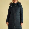 Cherington Navy Showerproof Longline Padded Coat with Faux Fur Hood