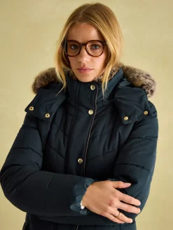 Cherington Navy Showerproof Longline Padded Coat with Faux Fur Hood