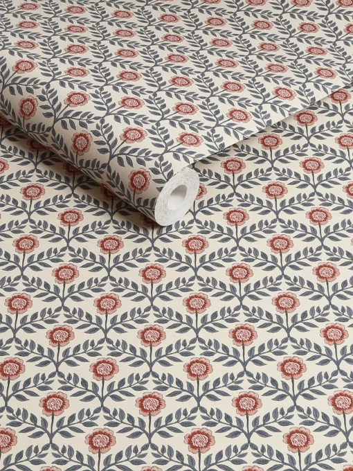 Cream/Blue Stately Floral Print Cream/Blue 10M Wallpaper