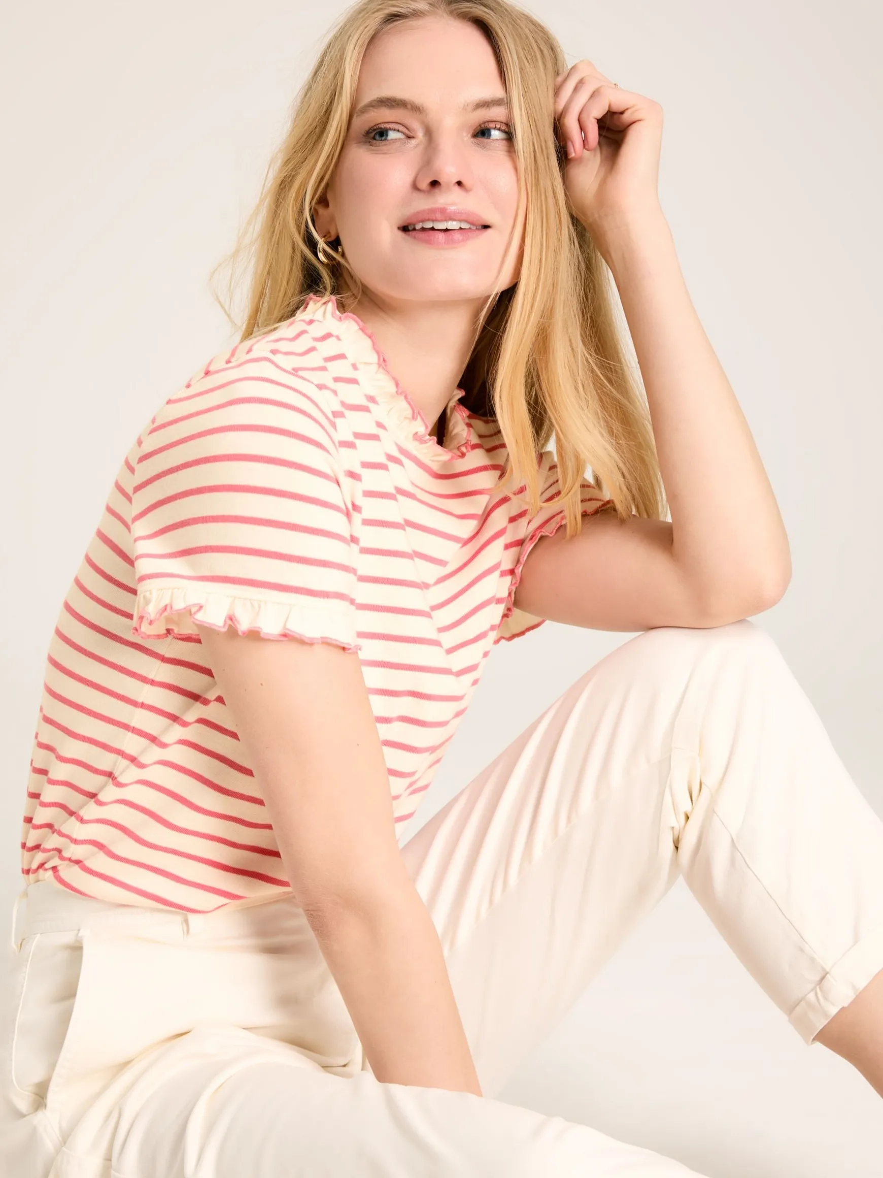 Daisy Pink/Cream Short Sleeve Frilled Neck Top