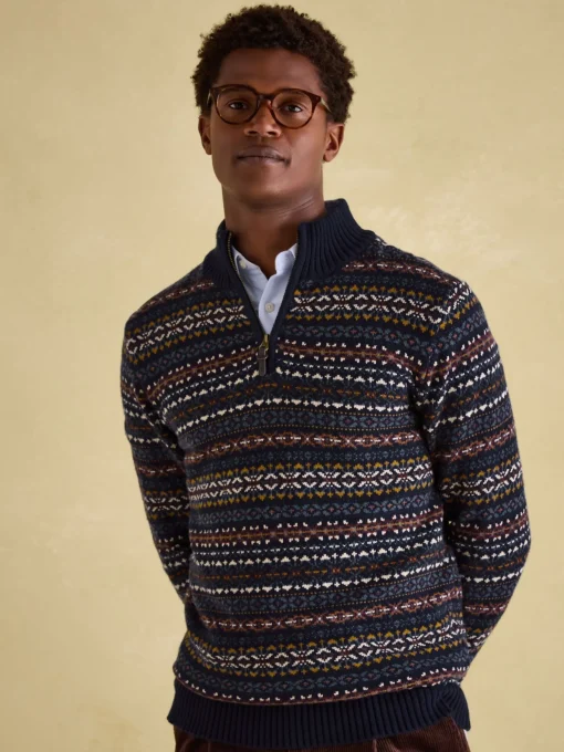 Fair Isle Navy Quarter Zip Knit Jumper Contains Merino Wool