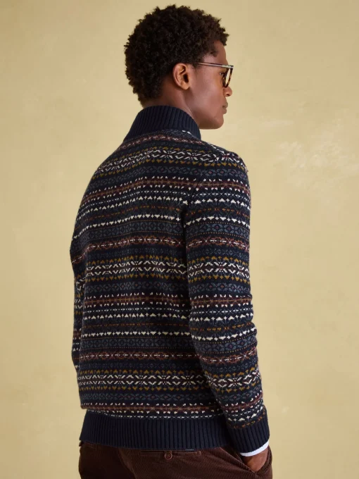 Fair Isle Navy Quarter Zip Knit Jumper Contains Merino Wool