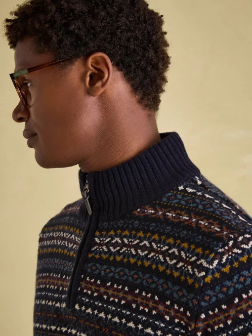 Fair Isle Navy Quarter Zip Knit Jumper Contains Merino Wool