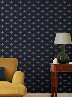 French Navy Block Print Bee 10M Wallpaper