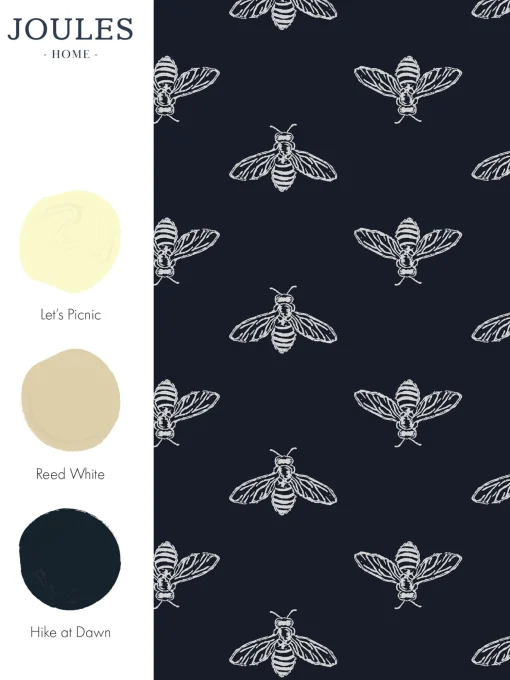 French Navy Block Print Bee 10M Wallpaper