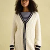 Game Point Cream/Navy Button Through Longline Cable Knit Cardigan
