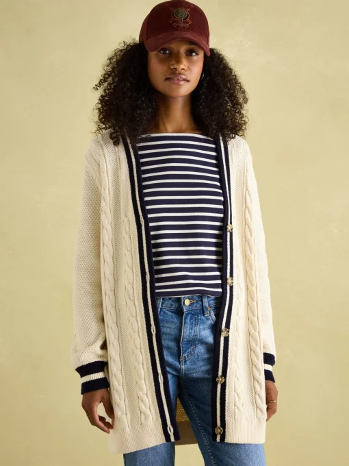 Game Point Cream/Navy Button Through Longline Cable Knit Cardigan