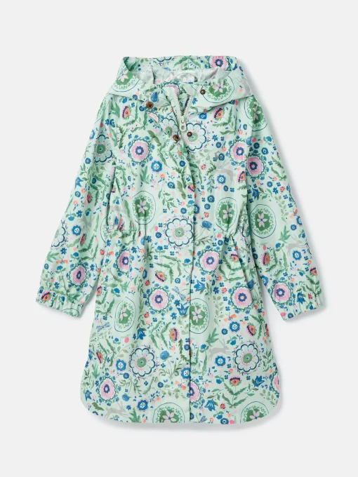 Girls' Rainford Green Floral Waterproof Packable Raincoat With Hood