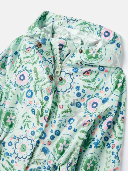 Girls' Rainford Green Floral Waterproof Packable Raincoat With Hood