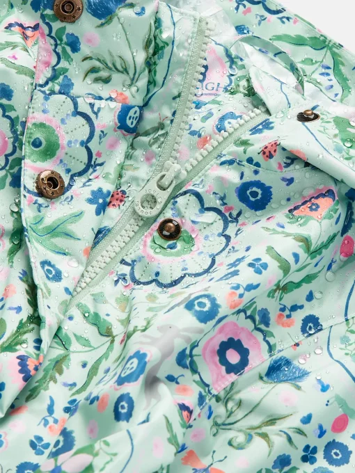 Girls' Rainford Green Floral Waterproof Packable Raincoat With Hood