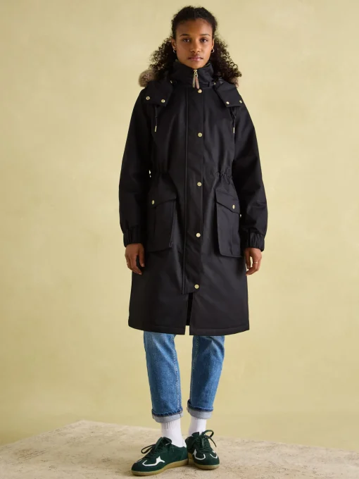 Harpsden Cosy Black Waterproof Fleece Lined Raincoat with Faux Fur Hood