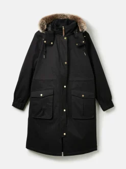 Harpsden Cosy Black Waterproof Fleece Lined Raincoat with Faux Fur Hood