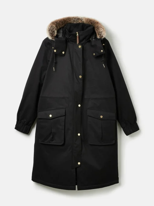 Harpsden Cosy Black Waterproof Fleece Lined Raincoat with Faux Fur Hood