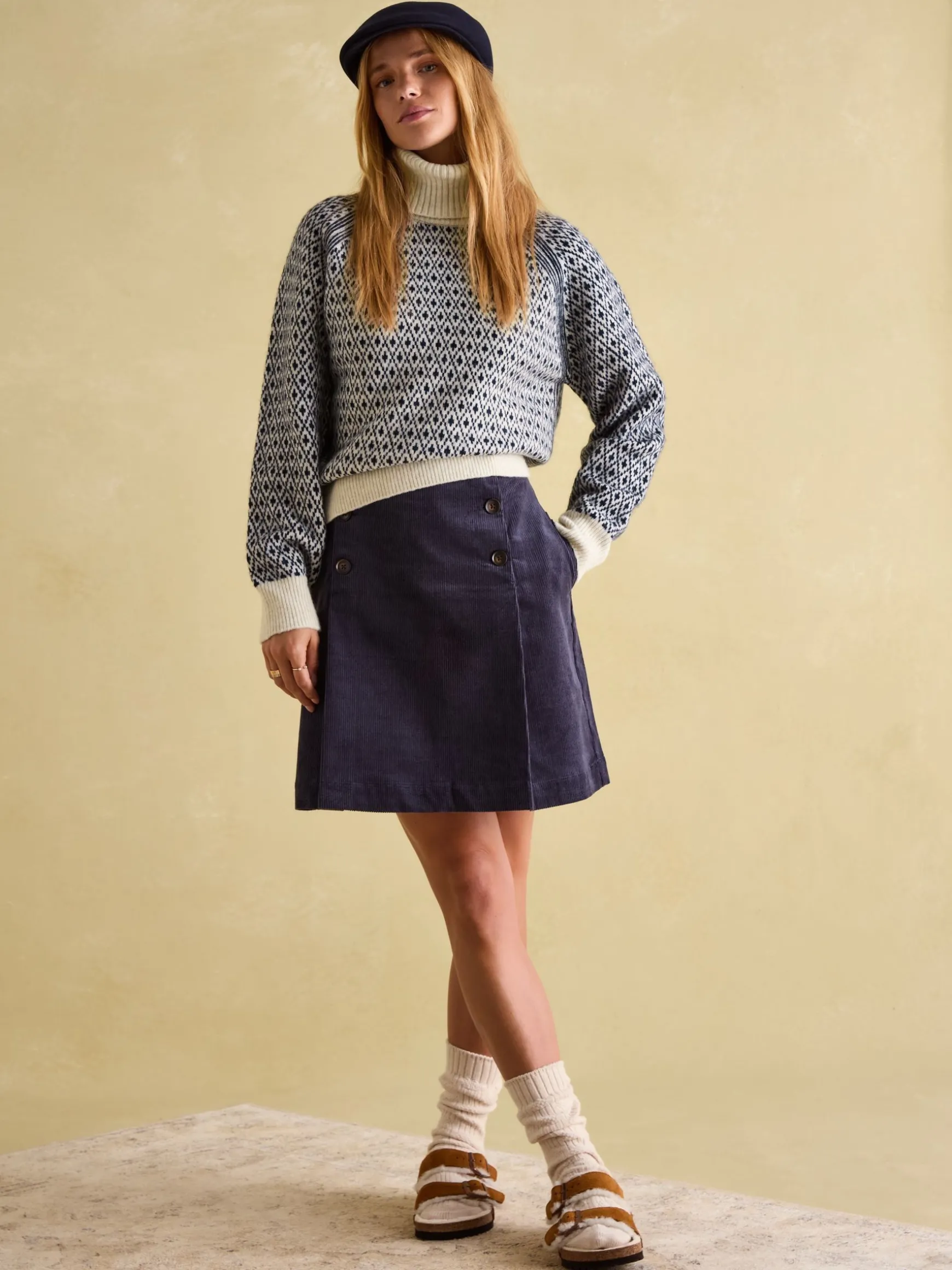 Ingrid Cream/Navy Patterned Jumper with Detachable Roll Neck