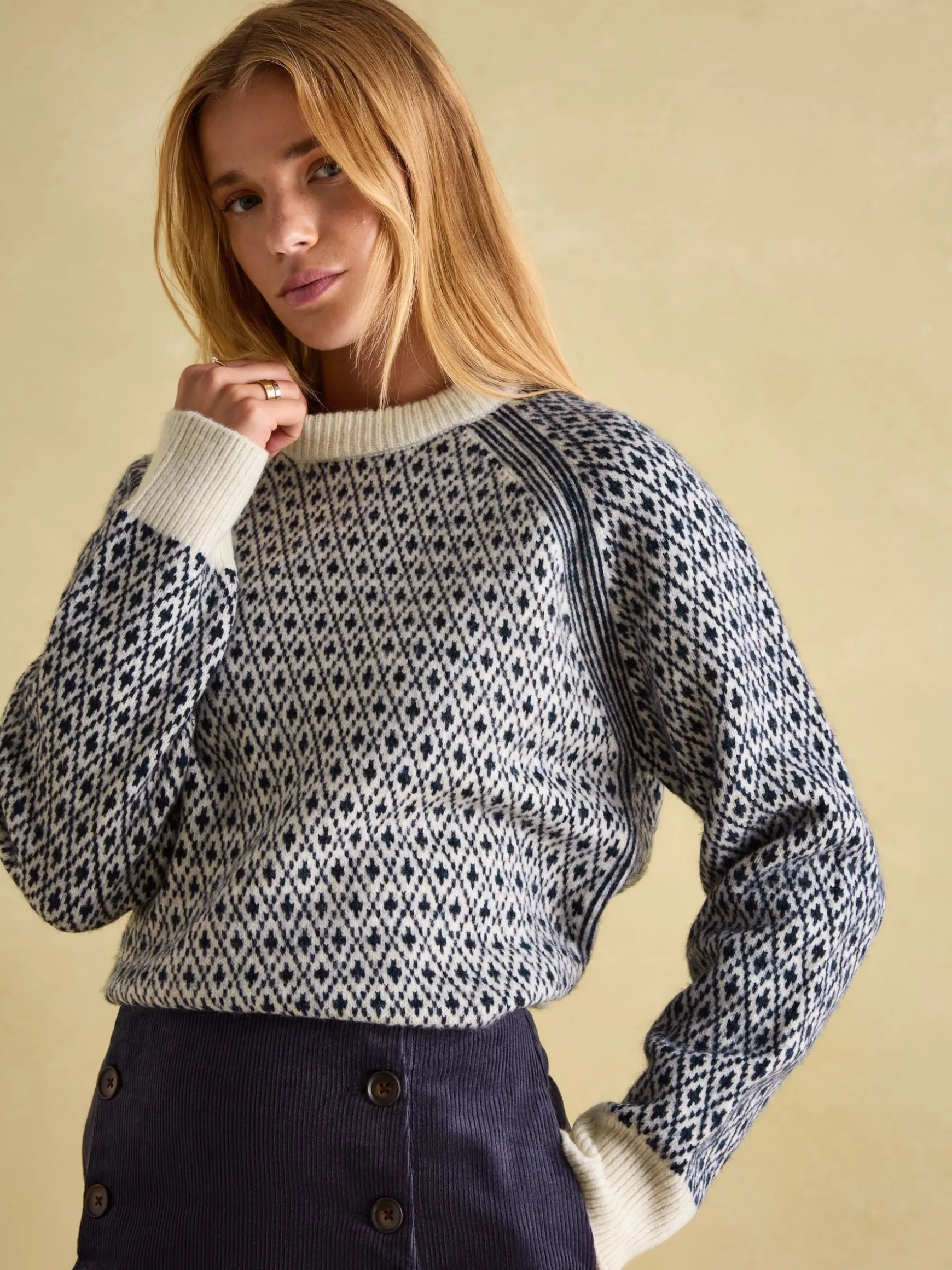 Ingrid Cream/Navy Patterned Jumper with Detachable Roll Neck