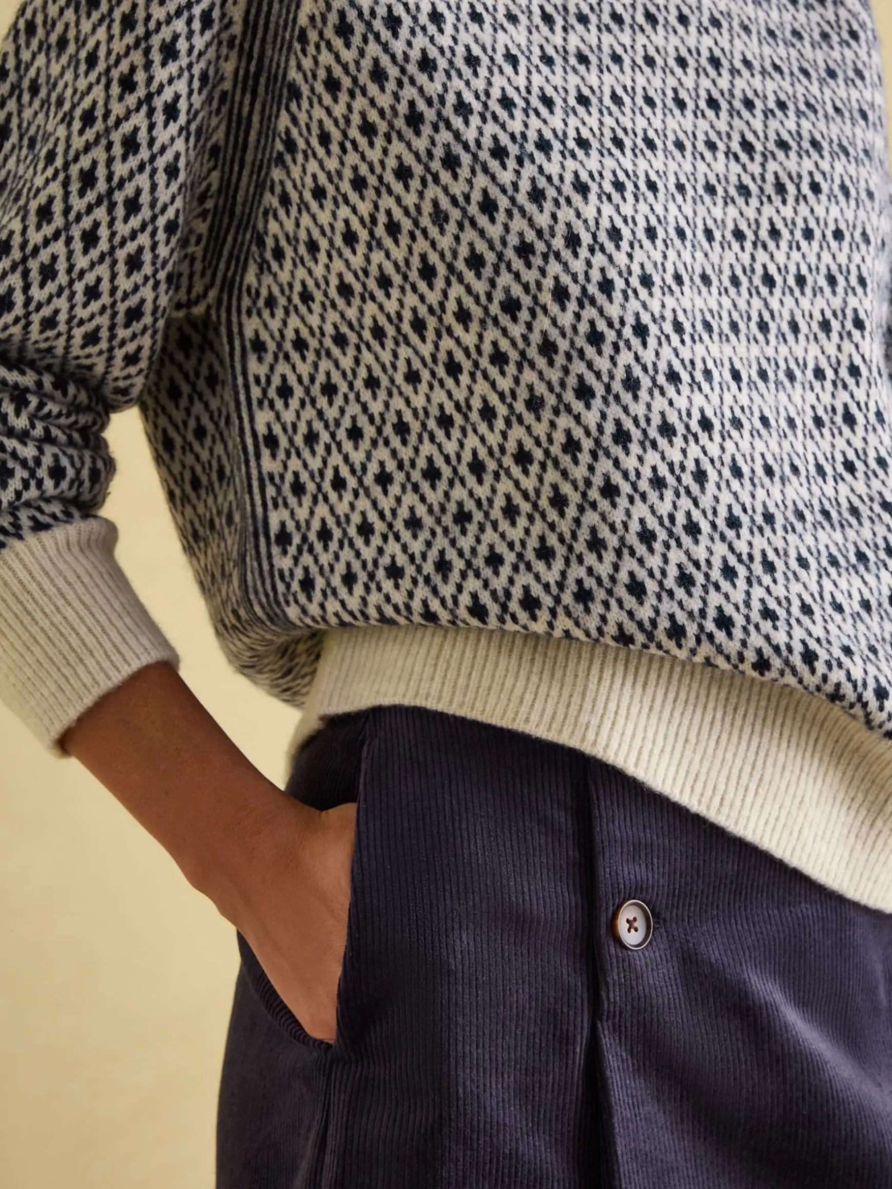 Ingrid Cream/Navy Patterned Jumper with Detachable Roll Neck