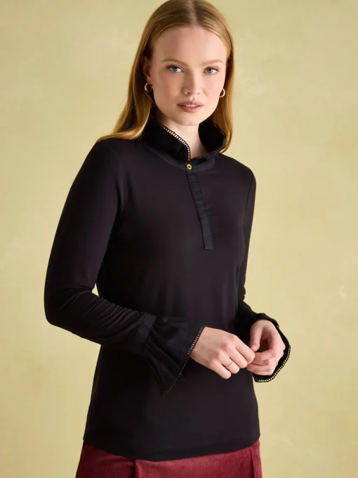 Kate Black Long Sleeve Frilled Neck Top