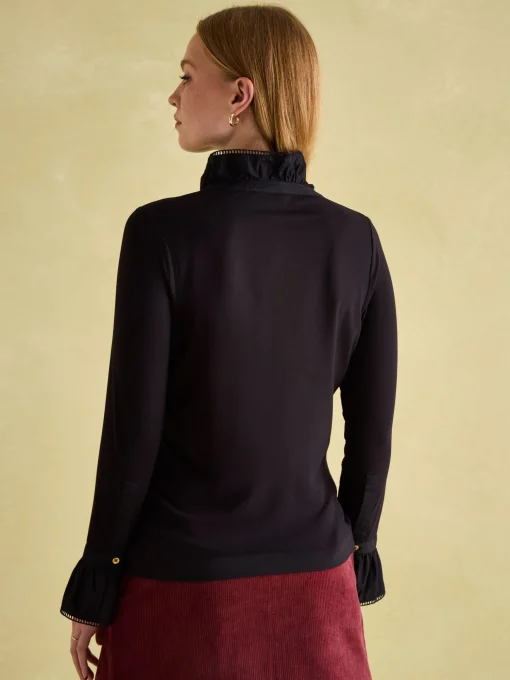 Kate Black Long Sleeve Frilled Neck Top