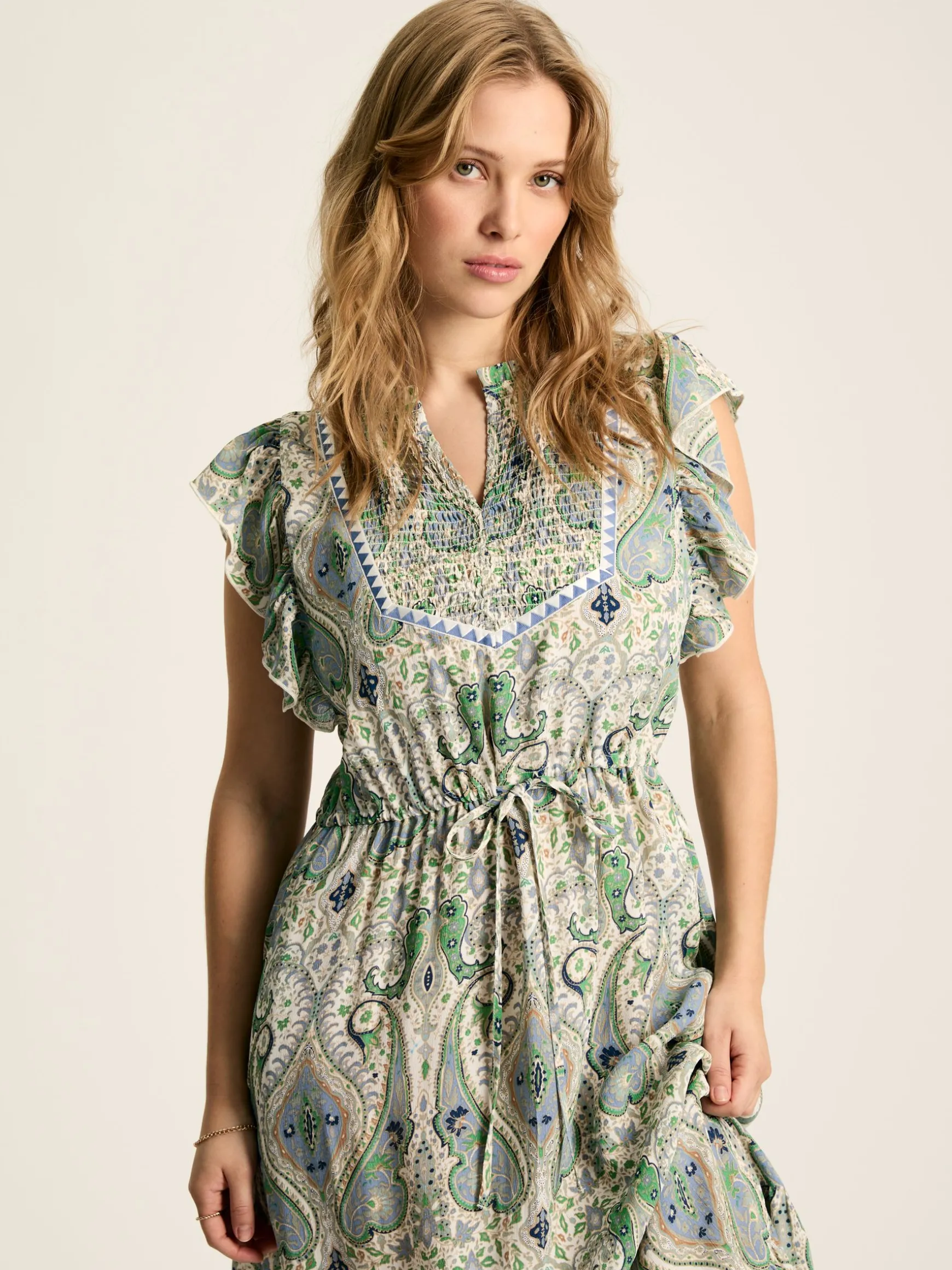 Lillia Blue/Green Tie Waist Tiered Dress