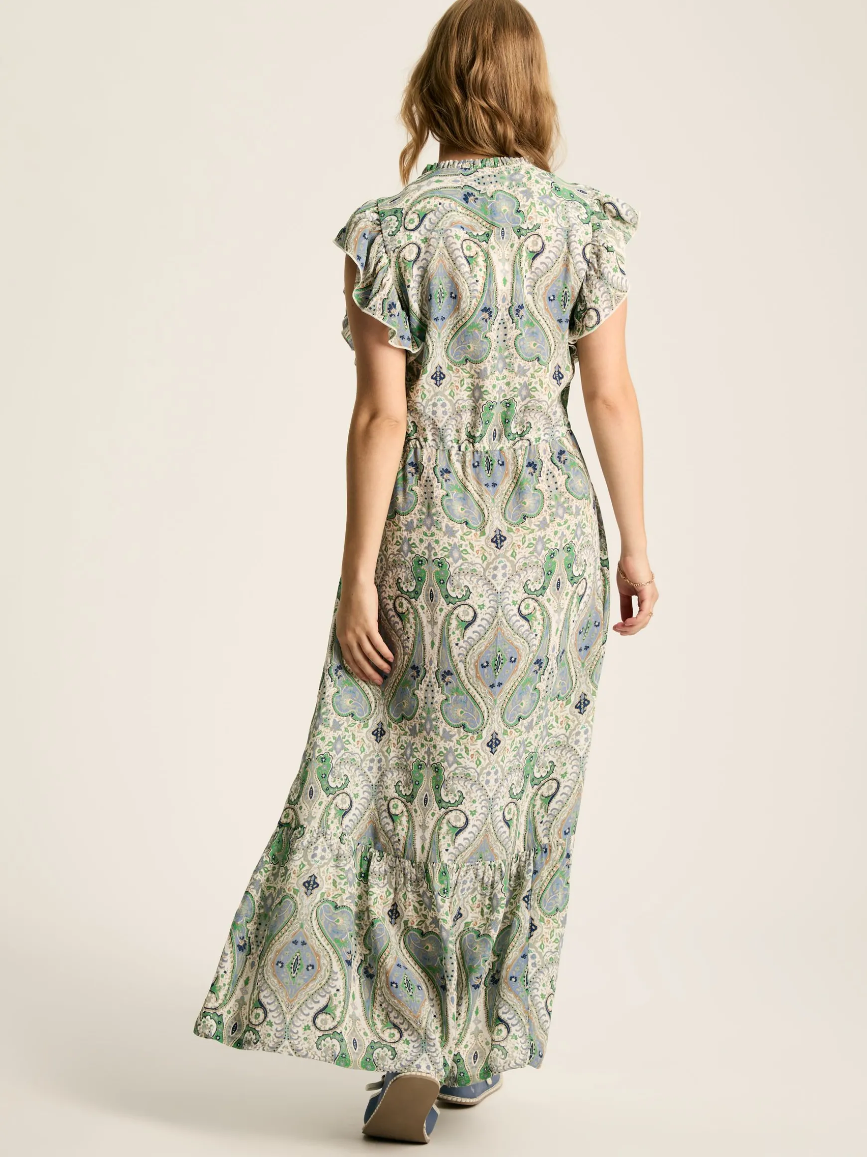 Lillia Blue/Green Tie Waist Tiered Dress