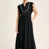Lillia Navy Blue Tie Waist Tiered Dress