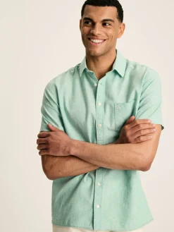 Linen Blend Green Plain Short Sleeve Shirt