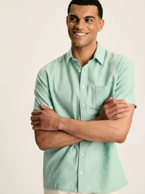 Linen Blend Green Plain Short Sleeve Shirt