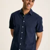 Linen Blend Navy Blue Plain Short Sleeve Shirt