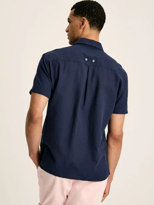 Linen Blend Navy Blue Plain Short Sleeve Shirt