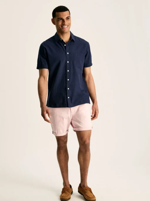 Linen Blend Navy Blue Plain Short Sleeve Shirt