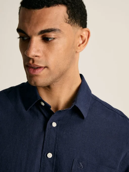 Linen Blend Navy Blue Plain Short Sleeve Shirt