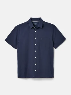 Linen Blend Navy Blue Plain Short Sleeve Shirt