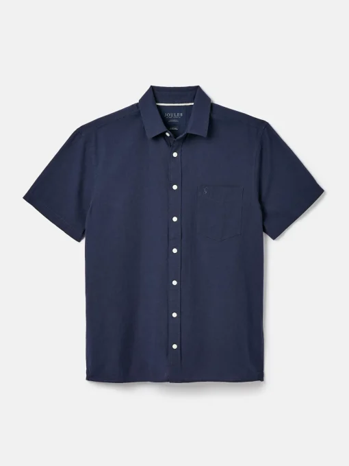 Linen Blend Navy Blue Plain Short Sleeve Shirt