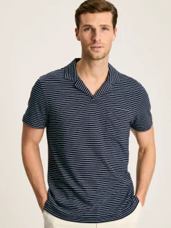 Linen Blend Navy Blue Striped Polo Shirt