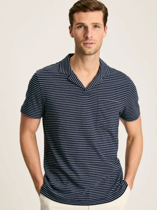 Linen Blend Navy Blue Striped Polo Shirt