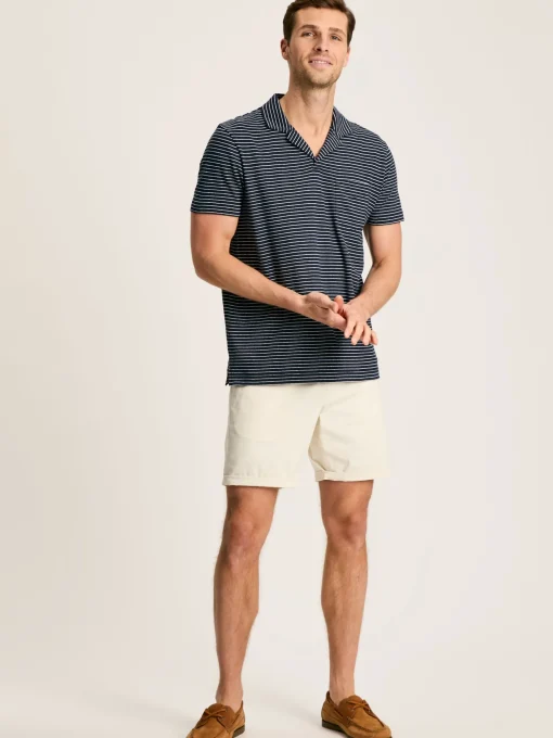 Linen Blend Navy Blue Striped Polo Shirt