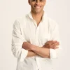 Linen Blend White Plain Long Sleeve Shirt