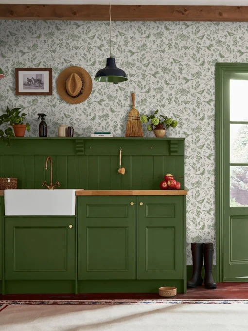 Linen Green Pheasant Print 10M Wallpaper
