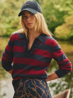 Maddie Red/Navy V Neck Stripe Jumper with Collar
