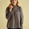Mariella Navy Stripe Cotton Frill Neck Blouse