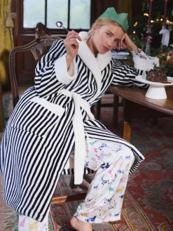 Matilda Navy & White Fleece Lined Striped Dressing Gown