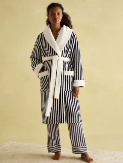 Matilda Navy & White Fleece Lined Striped Dressing Gown