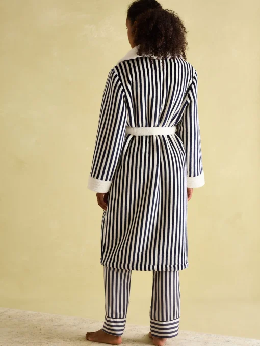 Matilda Navy & White Fleece Lined Striped Dressing Gown