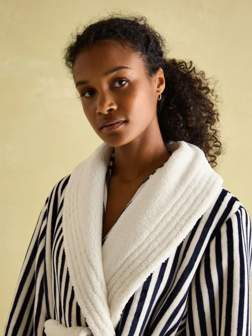 Matilda Navy & White Fleece Lined Striped Dressing Gown